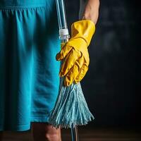 hand- Holding een dweilen met schoonmaak producten foto