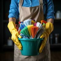 hand- Holding een dweilen met schoonmaak producten foto