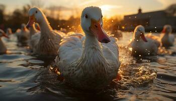 eend familie kwakzalvers in de buurt vijver, genieten van mooi zomer zonsondergang gegenereerd door ai foto