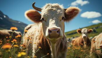 schattig koe begrazing in groen weide, genieten van natuur schoonheid gegenereerd door ai foto