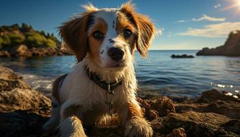schattig puppy zittend Aan zand, op zoek Bij camera, nat gegenereerd door ai foto