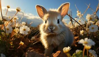 schattig klein konijn zittend in gras, genieten van natuur gegenereerd door ai foto