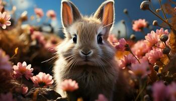 pluizig baby konijn zit Aan gras, omringd door bloemen gegenereerd door ai foto