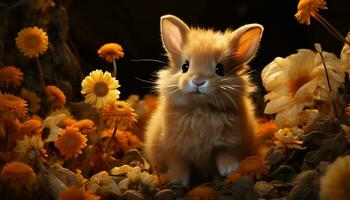 schattig pluizig konijn zittend in gras, op zoek Bij bloem gegenereerd door ai foto