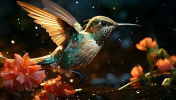 kolibrie vliegen, levendig veren verspreiding, bestuiven kleurrijk bloemen gegenereerd door ai foto