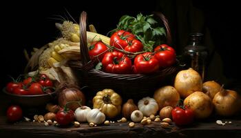 vers biologisch groenten in een rustiek herfst oogst mand gegenereerd door ai foto
