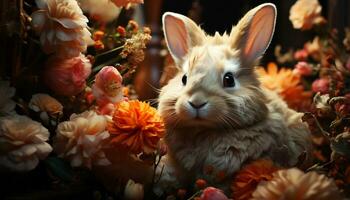 schattig baby konijn zittend Aan gras, omringd door bloemen gegenereerd door ai foto