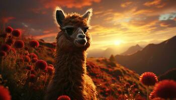 alpaca begrazing Aan een boerderij, genieten van de mooi zonsondergang landschap gegenereerd door ai foto