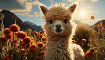 schattig alpaca lachend, begrazing Aan groen weide in landelijk landschap gegenereerd door ai foto