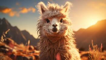 schattig alpaca Aan een boerderij, glimlachen in de herfst zonlicht gegenereerd door ai foto