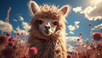 pluizig alpaca in weide, schattig portret van natuur schoonheid gegenereerd door ai foto