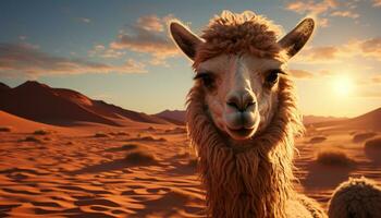 een schattig alpaca glimlacht, op zoek Bij camera, in landelijk landschap gegenereerd door ai foto