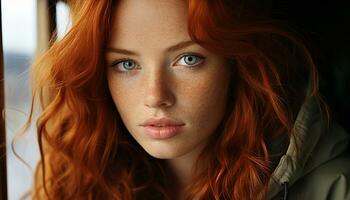 een mooi jong vrouw met rood haar- op zoek Bij de camera gegenereerd door ai foto