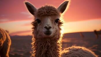 een pluizig alpaca glimlacht, op zoek Bij camera in zonsondergang gloed gegenereerd door ai foto