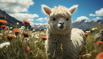 schattig alpaca begrazing Aan groen weide, genieten van de zonnig dag gegenereerd door ai foto
