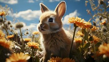 schattig konijn zittend in weide, omringd door geel bloemen gegenereerd door ai foto