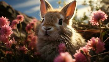 schattig klein konijn zittend in gras, genieten van natuur gegenereerd door ai foto