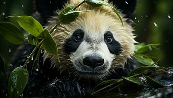 schattig panda in de Woud, nat vacht, op zoek Bij camera gegenereerd door ai foto