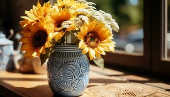 een vers boeket van zonnebloemen wordt helderder de houten tafel gegenereerd door ai foto