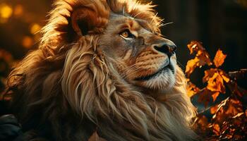 majestueus leeuw, koning van de Woud, blikken in de camera gegenereerd door ai foto