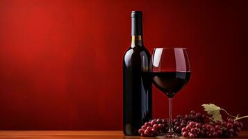 een fles en een glas van rood wijn staan Aan een zwart spiegel tafel. zwart en rood achtergrond. generatief ai foto