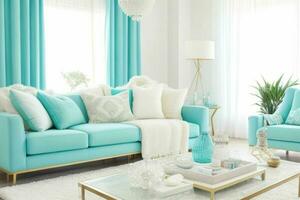 modern leven kamer ontwerp met comfortabel sofa en elegant decoratie. ai generatief pro foto