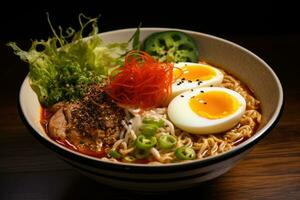 Japans ramen noodle met varkensvlees en ei Aan zwart achtergrond, aan boord gaan Aan een pittig ramen avontuur met een stomen kom van noedels, levendig toppings, en verleidelijk Chili olie, ai gegenereerd foto