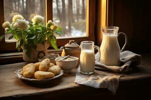 melk van aardappelen Aan de tafel in een knus keuken. neiging in voedsel, Gezondheid voordelen foto