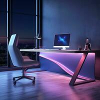 visie van 3d modern bureau en stoel kantoor comfortabel kamer illustratie foto