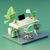 visie van 3d modern bureau en stoel kantoor comfortabel kamer illustratie foto