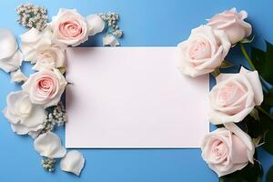 mockup wit blanco kaart Aan blauw achtergrond met roos bloemen foto
