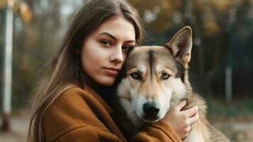 brunette vrouw met lang Rechtdoor haar- knuffelen haar hond in een park, generatief ai foto