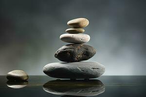 balanceren zen steen piramide Aan de tafel met reflectie, balans concept foto