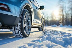 kant visie Aan een grijs auto met winter banden Aan een besneeuwd weg foto