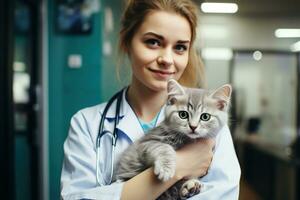 dierenarts vrouw Holding schattig aanbiddelijk grijs kat in huisdier kliniek, generatief ai foto