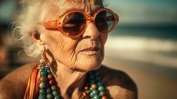 portret van een echt ouderen vrouw in zonnebril tegen de achtergrond van de strand foto