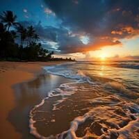 zonsondergang strand. sereen, adembenemend, romantisch, dromerig, vredig foto