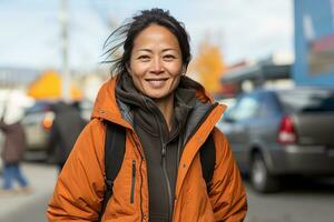 Aziatisch vrouw in oranje jasje en grijs fleece capuchon glimlachen Aan herfst zonnig stad straat. foto