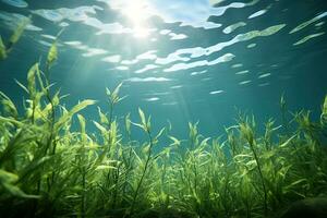 een onderwater- soorten van algen groeit diep onder de zonlicht lit water oppervlakte foto