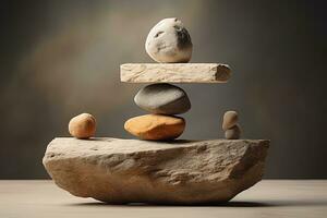 balanceren zen steen piramide Aan de tafel binnenshuis, balans concept foto