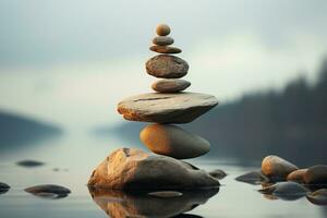 balanceren zen steen piramide Aan de kust van een Woud meer foto