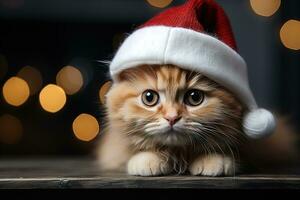 schattig weinig gember katje vervelend een de kerstman claus hoed Aan een donker wazig bokeh achtergrond foto