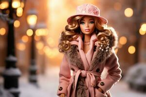 brunette golvend haar- pop in een schattig en elegant roze hoed en winter kleren met vacht foto