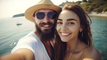 gelukkig aanbiddelijk glimlachen paar nemen een selfie Bij de kust. gelukkig vakantie, generatief ai foto