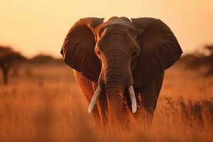 wild groot Afrikaanse olifant in de savanne Bij zonsondergang, Afrikaanse dieren in het wild, generatief ai foto