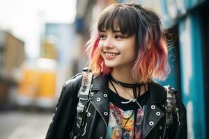 jong aanbiddelijk Japans punk- meisje in leer jasje glimlachen Aan stad straat foto