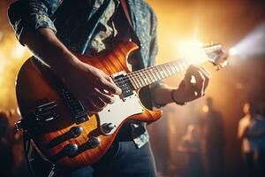 dichtbij omhoog van een musicus spelen gitaar Bij een concert Aan een club stadium foto