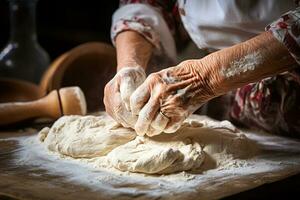 detailopname van een ouderen vrouw handen gedekt met meel kneden deeg Aan de tafel foto