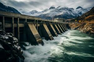 hoog hoogte dam genereren hydro-elektrisch macht temidden van sneeuw afgedekt bergen foto