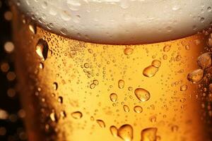 dichtbij omhoog van een verlicht glas van heerlijk gouden bier gedekt met water druppels. bar achtergrond foto